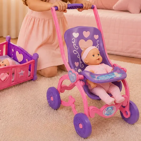 Kit Carrinho Passeio Boneca + Bercinho Infantil Brinquedo