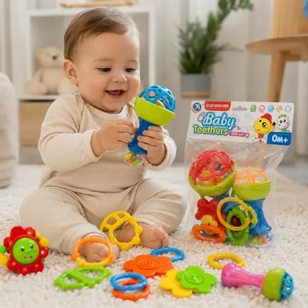 Kit Chocalho E Mordedor 8 Pçs Brinquedo Colorido Sensorial Colorido Diversos
