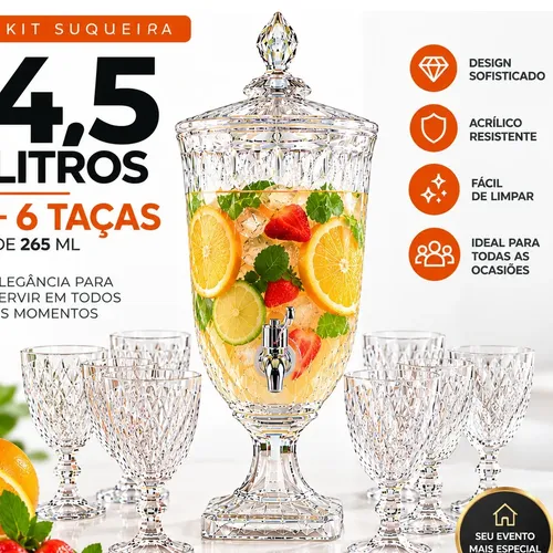 Kit Suqueira 4,5 Litros+6 Tacas 265mldiamond Sucos Coqueteis Transparente