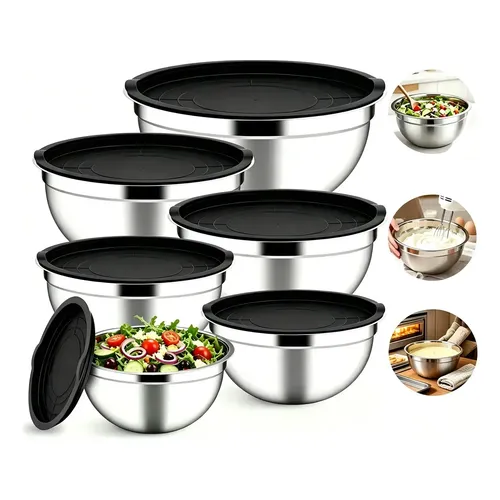 Kit 6 Bowl Inox Com Tampa Tigela Bacia Para Salada Cumbuca Prateado