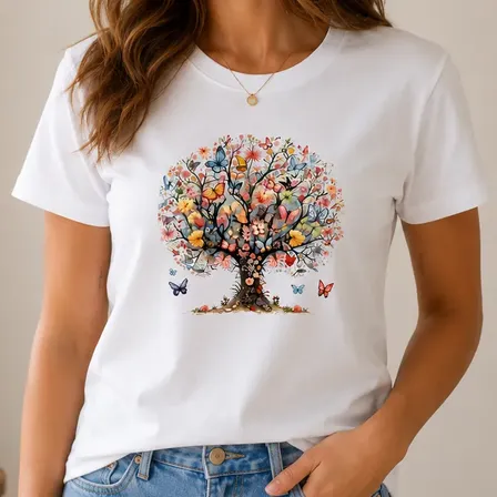 Camiseta Feminina 100% Algodão Estampada Árvore De Borboleta