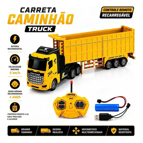 Carreta Baú Controle Remoto Recarregável Caminhão Grande Amarelo Caminhão