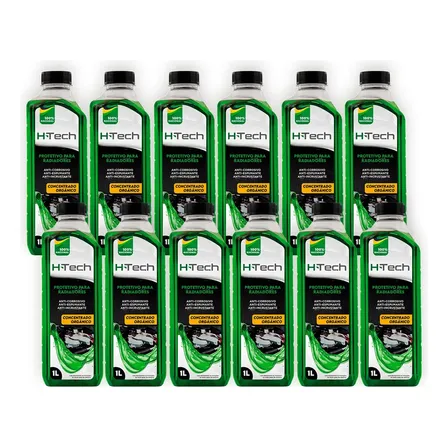 Caixa Com 12x Aditivo Protetivo Concentrado Verde Organico Hitech 1 Litro Radiador Sistema Arrefecimento Proteção Anticorrosivo Anti-incrustante Manutenção Preventiva Motor Flex Gasolina Etanol