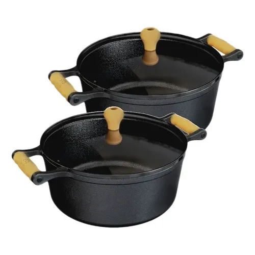 Kit Caçarola De Ferro Alça Madeira Tampa Vidro 2pcs Libaneza