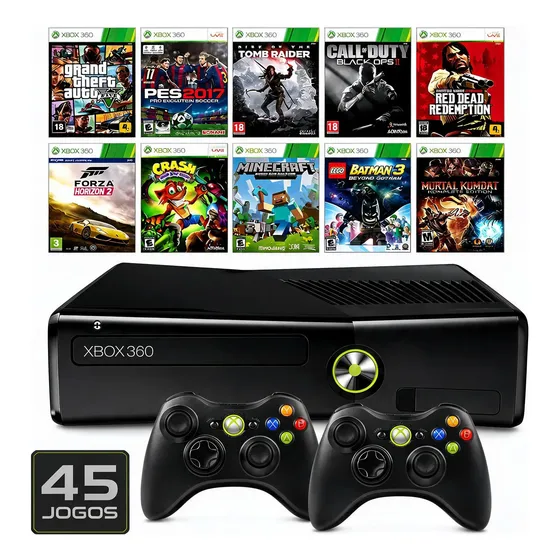 Microsoft Xbox360 Slim Preto 45jogos + 2 Controle + Gta5 + C (Recondicionado)