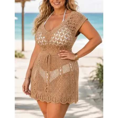 Saída De Praia Plus Size Tricô Feminina Ajustável Na Cintura Romenia Gg
