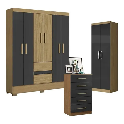 Guarda Roupa Casal, Armário E Cômoda 6 Portas 2 Gavetas Mdp Cinza