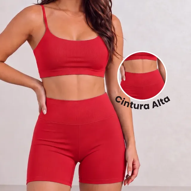 Conjunto Top Shorts Academia Fitness Virginia Cintura Alta Vermelho Liso G