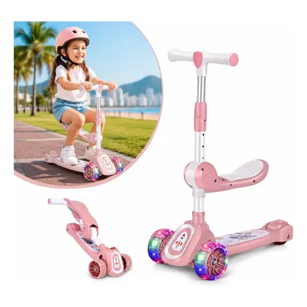 Patinete Infantil 3 Rodas Dobrável Com Assento Led Rosa2em1 Rosa