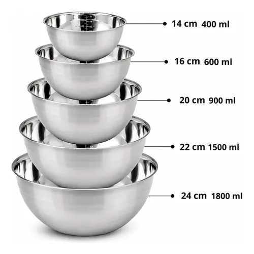 Kit 5 Tigelas Aço Inox Bowl Saladeira Bacia Multiuso Pote Prateado