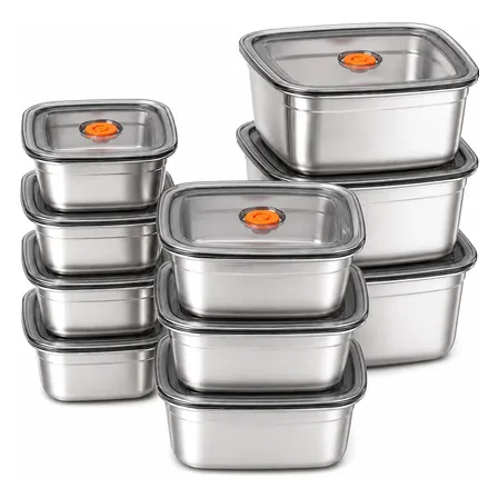 Kit 10 Potes Com Tampa Em Aço Inoxidável 316 Para Mantimento Prateado
