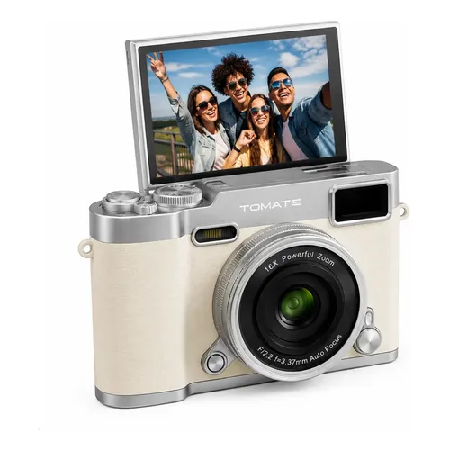 Câmera Digital 48mp Retrô Com Zoom 16x Tela Flip 180° Selfie Creme