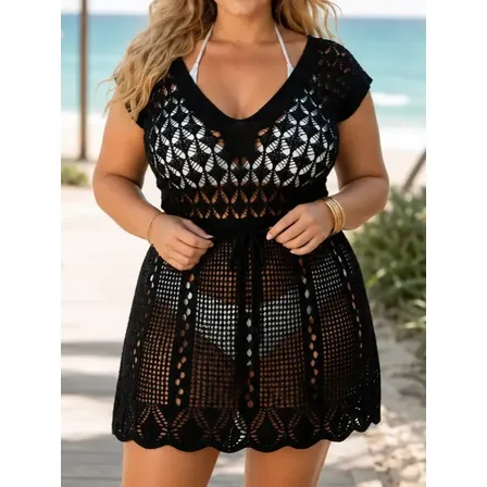 Saída De Praia Plus Size Tricô Feminina Ajustável Na Cintura Preto Gg
