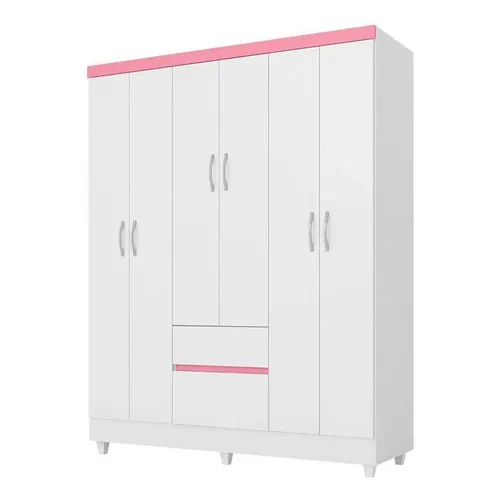 Guarda Roupa Infantil 6 Portas 2 Gavetas Branco Rosa Flex