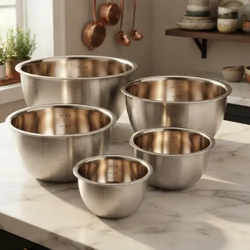 Kit 5 Bowls Aço Inox Tigelas Com Medidor Para Cozinha Prateado