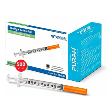 500 Seringas Insulina Venper Agulha Fixa 1ml 8x0,30mm 30g 0.001 Ml