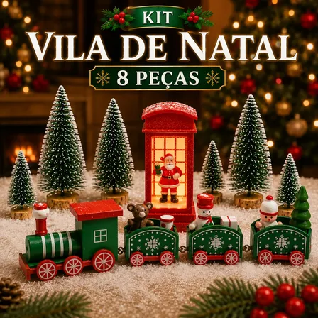 Kit Vila De Natal Enfeite Trenzinho Cabine Árvore 8 Peças 1 - Verde Trem Verde