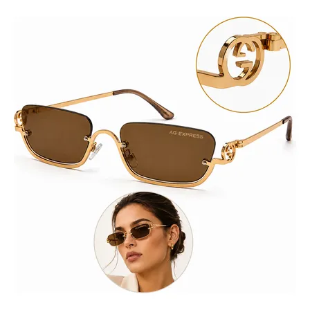 Óculos De Sol Armação Feminino Luxo Dourado Retrô Blogueira