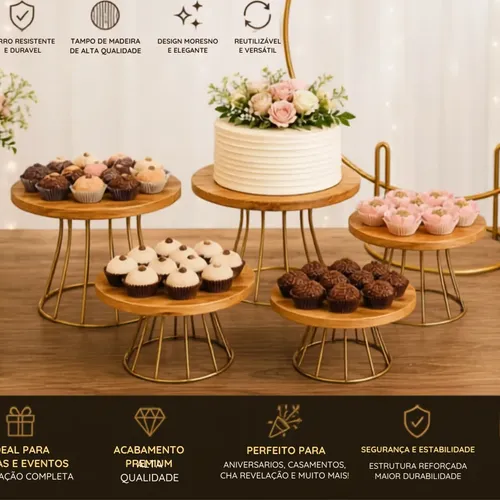 Kit 5 Boleiras + Arco De Festa Para Decoração Mesa De Doces Dourado