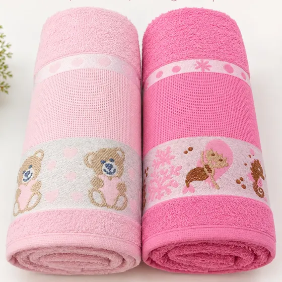 Kit 2 Toalha De Banho Infantil Personagens 100% Algodão Kids Rosa Claro-rosa Escuro