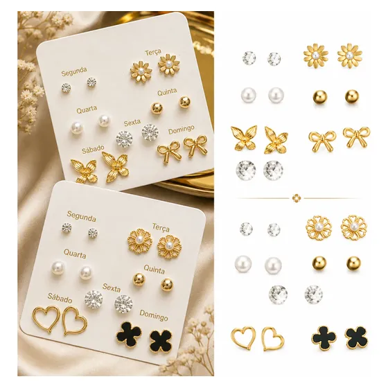 Kit 14 Pares De Brincos Minimalista Elegante Perola Zirconia