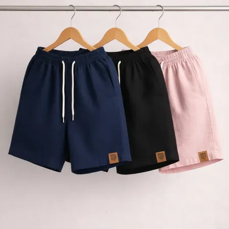 Kit 3 Shorts Masculinos Linho Fresco | Práticos Leves Praia Marinho/preto/rosa Bebê Gg