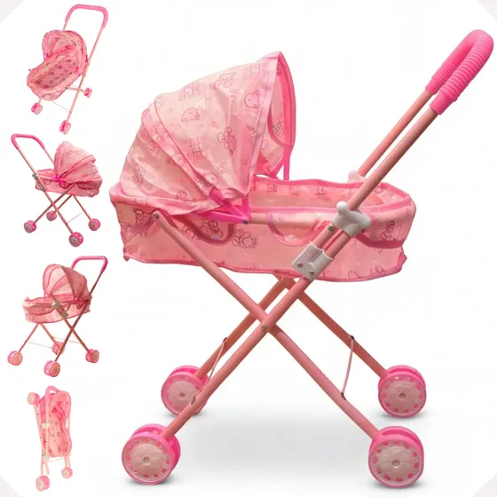 Carrinho De Boneca Bebê Infantil Rosa Dobrável Passeio Berço
