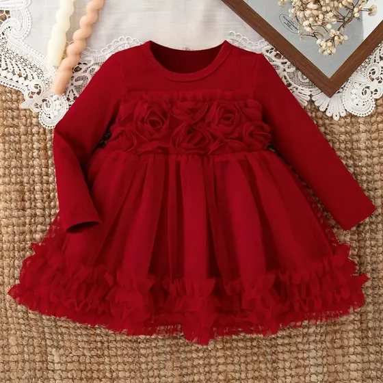 Vestido Infantil Manga Longa Com Flores E Tule
