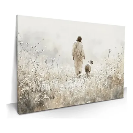 60*120cm Quadro Decorativo Jesus E Ovelha Fé Canvas Bege