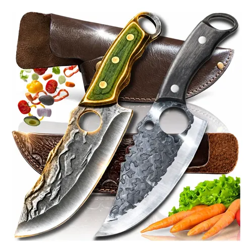 Kit Com 2 Facas Full Tang Churrasco Com Bainha Quebra Osso Azul E Marrom
