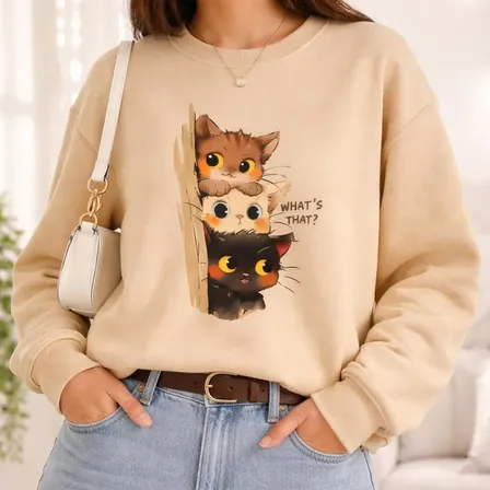 Casaco Moletom Feminino Gatinhos Fofos Moda Casual Estilo Bá G Bege
