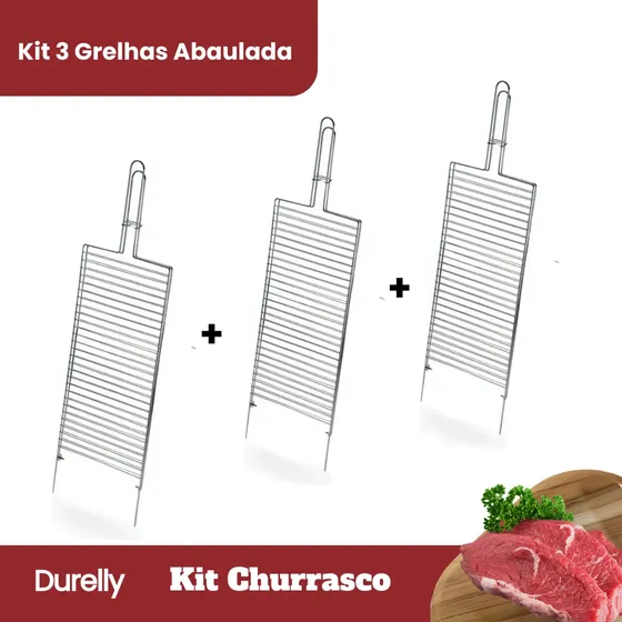 Kit 3 Grelha Dupla Abaulada 70 X 20cm Peixe Frango Churrasco