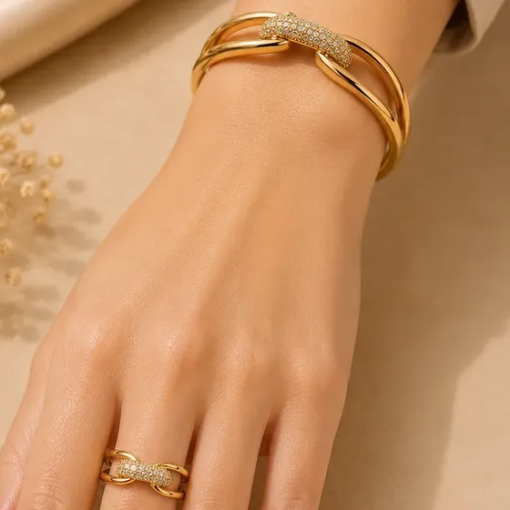 Kit Bracelete Anel Ajustável Folheado Zircônia Elegante Luxo