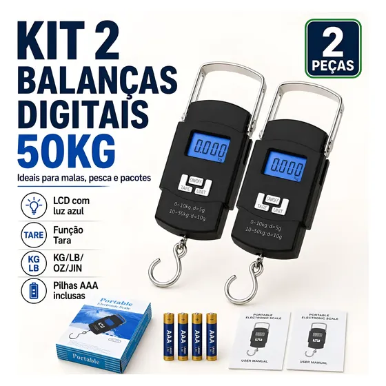 Kit 2 Balanças Digitais Gancho 50kg Para Bagagem E Pesca