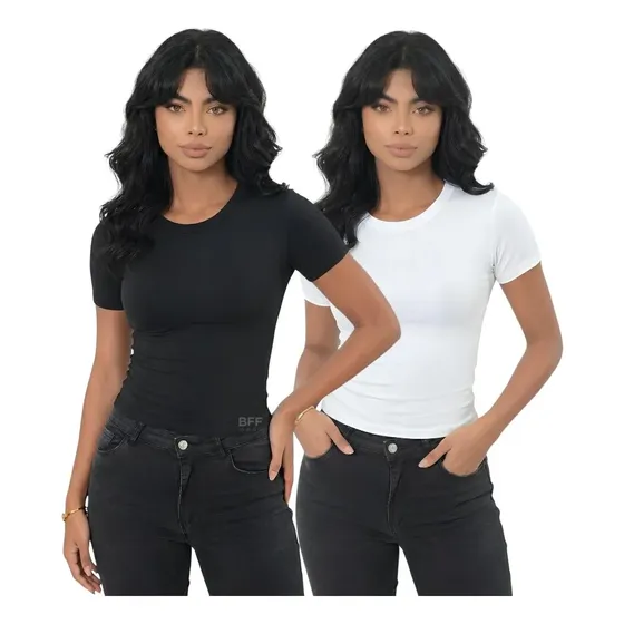 Kit 2: Baby Tee Feminina - Blusa Slim Fit Manga Curta