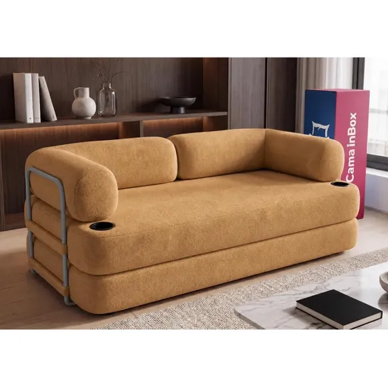 Sofá Cama Orbe. 1,90m Xpand Tech Tecido Boucle Cama Inbox Caramelo Liso