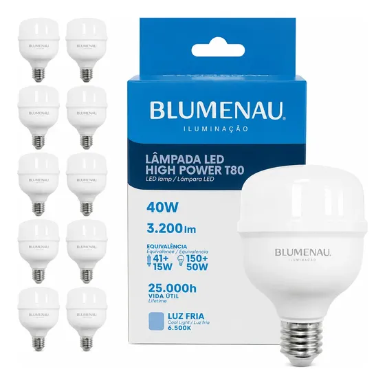Kit 10 Lâmpada Led Bulbo 40w 6500k Branco Frio Blumenau T 80