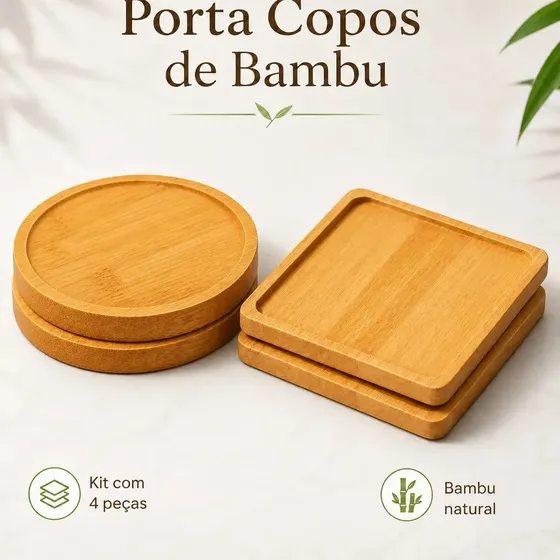 Kit Apoio De Copo 4 Porta Copos Bambu Quadrado Redondo