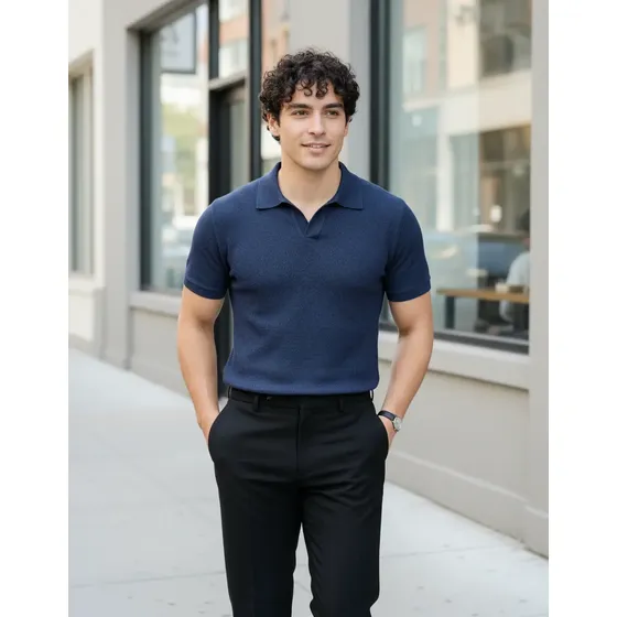 Camiseta Gola Polo Masculina Minimalista Tecido Texturizado