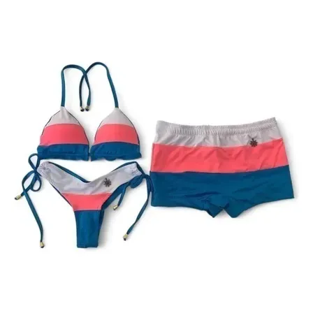 Kit Casal Em Estampa Azul, Rosa E Branco, Uma Escolha Ideal 3 Cores Igual Foto Biquíni M / Sunga G