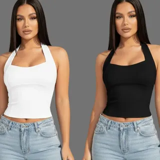 Kit 2 Blusa Feminina Top Halter Frente Única Halter Neck Preto+marrom M