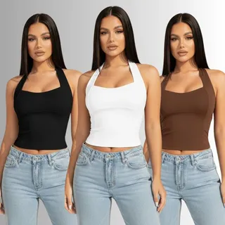 Kit 3 Blusa Feminina Top Halter Frente Única Halter Neck Preto+branco+marrom M