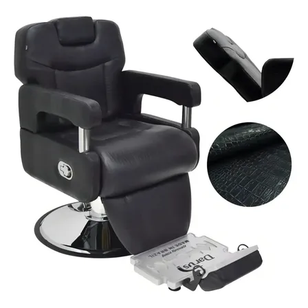 Poltrona Cadeira Barbearia Reclinável Hidráulica Premium Preto Crocco Reclinável Redonda