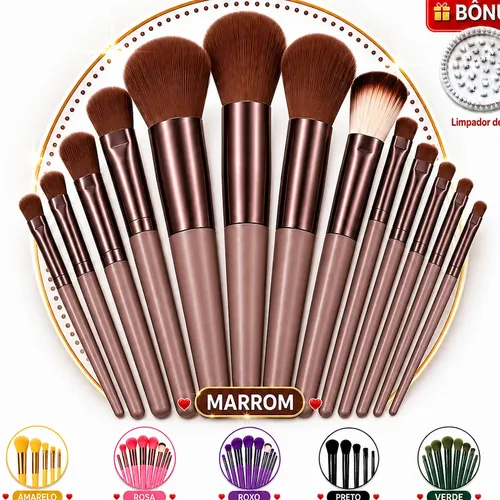 Kit Pincel De Maquiagem Com 13 Unidades Sombra Blush+brinde Marrom