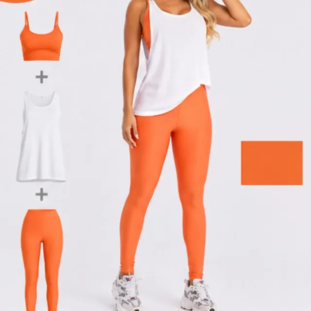 Kit 3 Peça Fitness Roupa Academia Legging + Cropped + Regata Laranja P