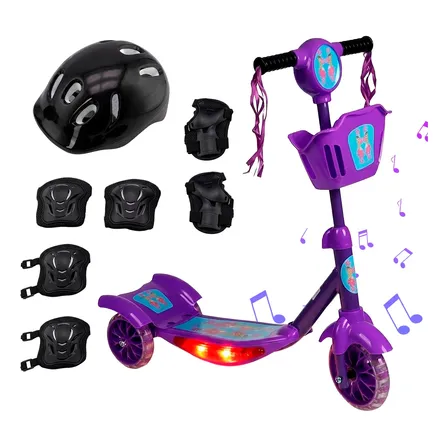 Patinete Infantil 3 Rodas Luz Led Som Cestinha Kit Protecao Roxo C/proteção Preto