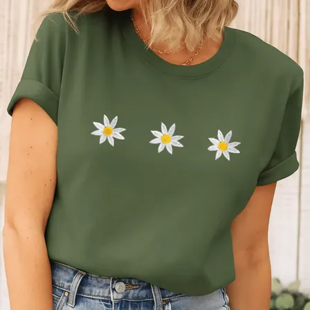 Camiseta Margarida Girassol Algodão Camisa Tecido Confortave Verde Militar M