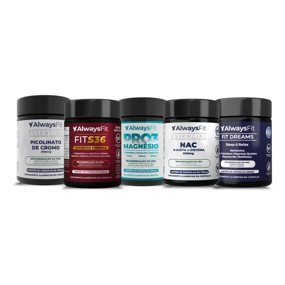 Kit 5 Produtos Alwaysfit-picolinato+pro3+nac+fits36+fitdream
