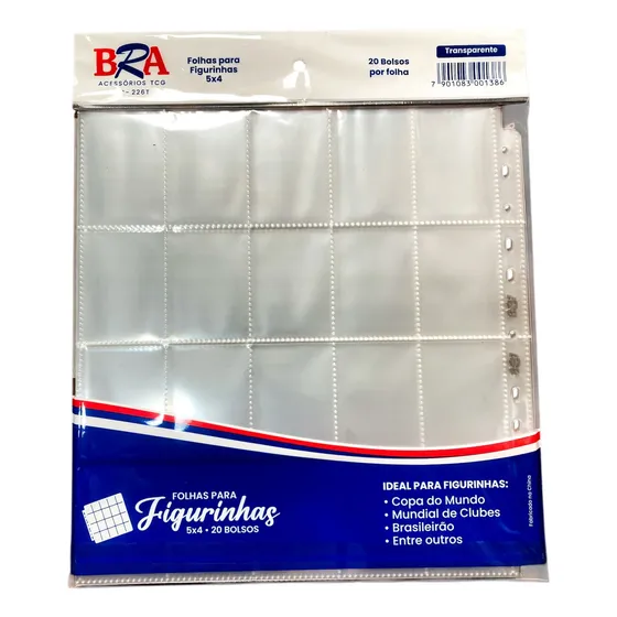 20 Folhas Para Figurinha 5x4 Bra Com Bolsos Transparente