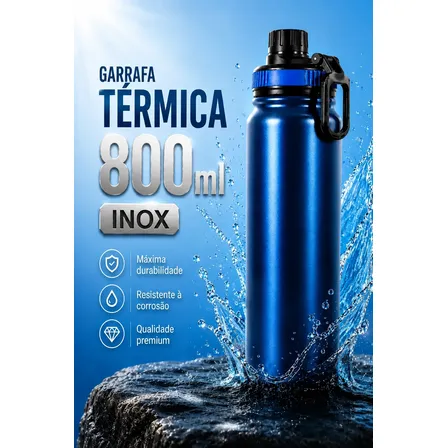 Garrafa Térmica 800ml Água Azarte Inox Academia Com Alça Azul